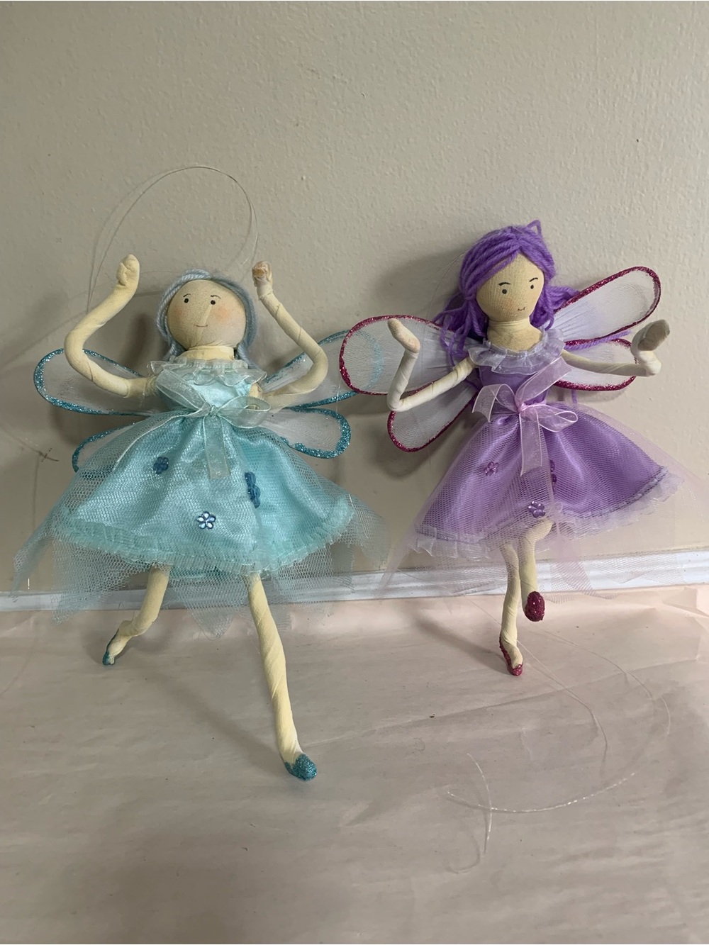 2 Vintage Sparkling Fabric Fairy Dolls Glitter Wings Hanging Decor Teal Lavender